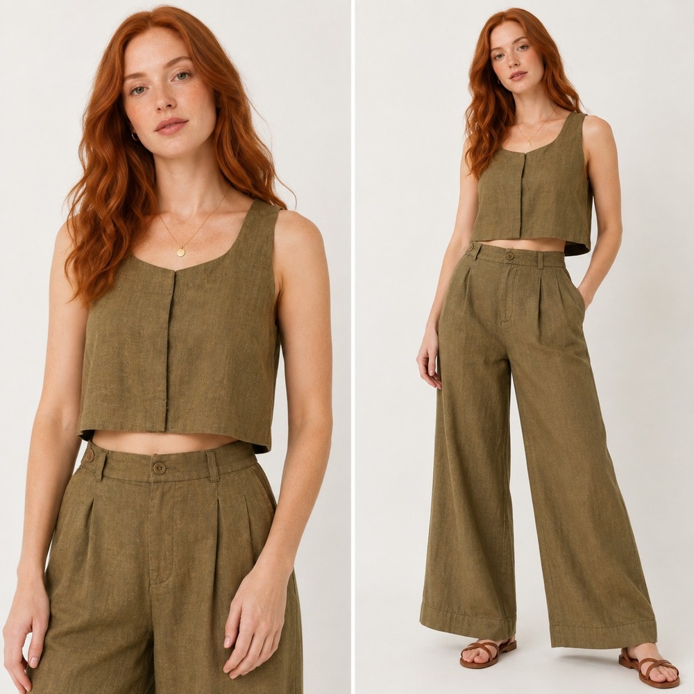 Madewell Cropped Top & Widel eg Pants Coastal Set Brown Linen Size Smal